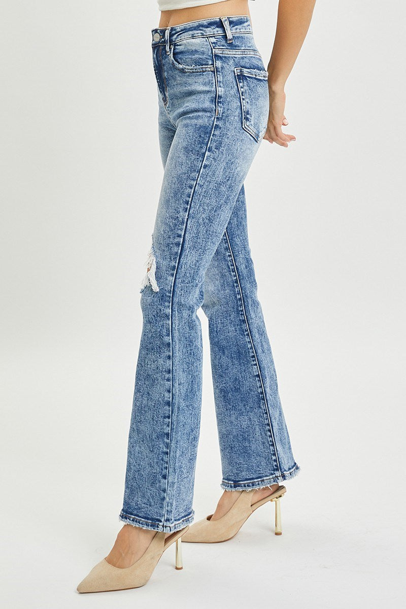 RISEN High-Rise Acid Wash Distressed Flare Jeans