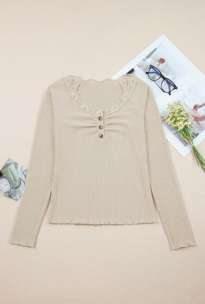 Lace Trim Ribbed Henley Top