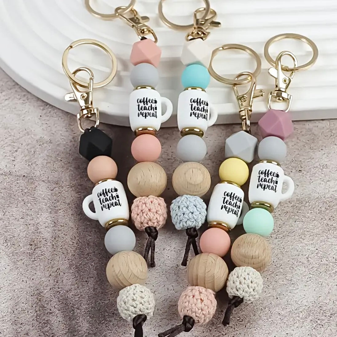 “Coffee. Teach. Repeat.” Beaded Teacher Keychain
