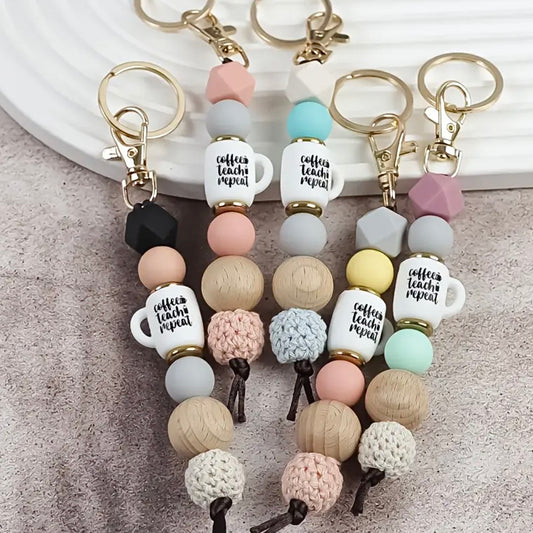 “Coffee. Teach. Repeat.” Beaded Teacher Keychain