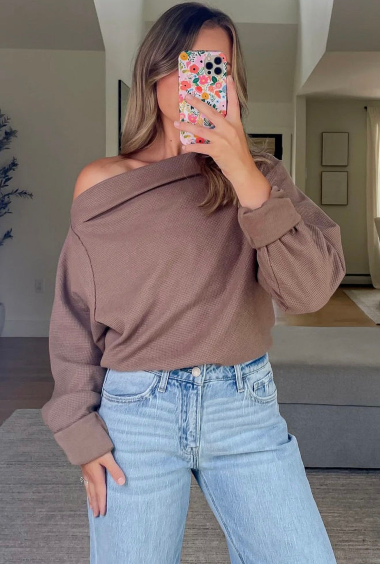 Falling For You Off-Shoulder Waffle Knit Top