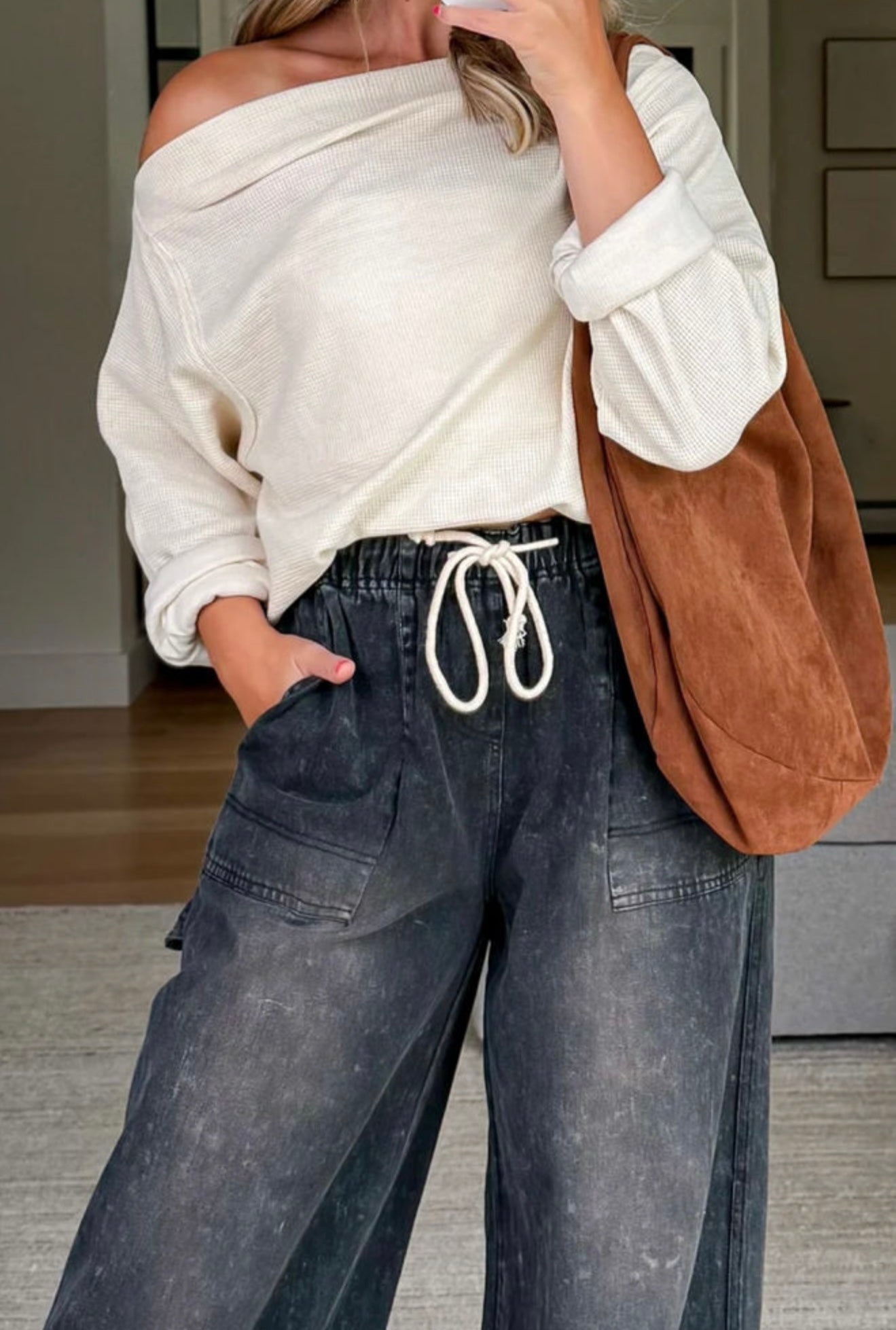 Falling For You Off-Shoulder Waffle Knit Top