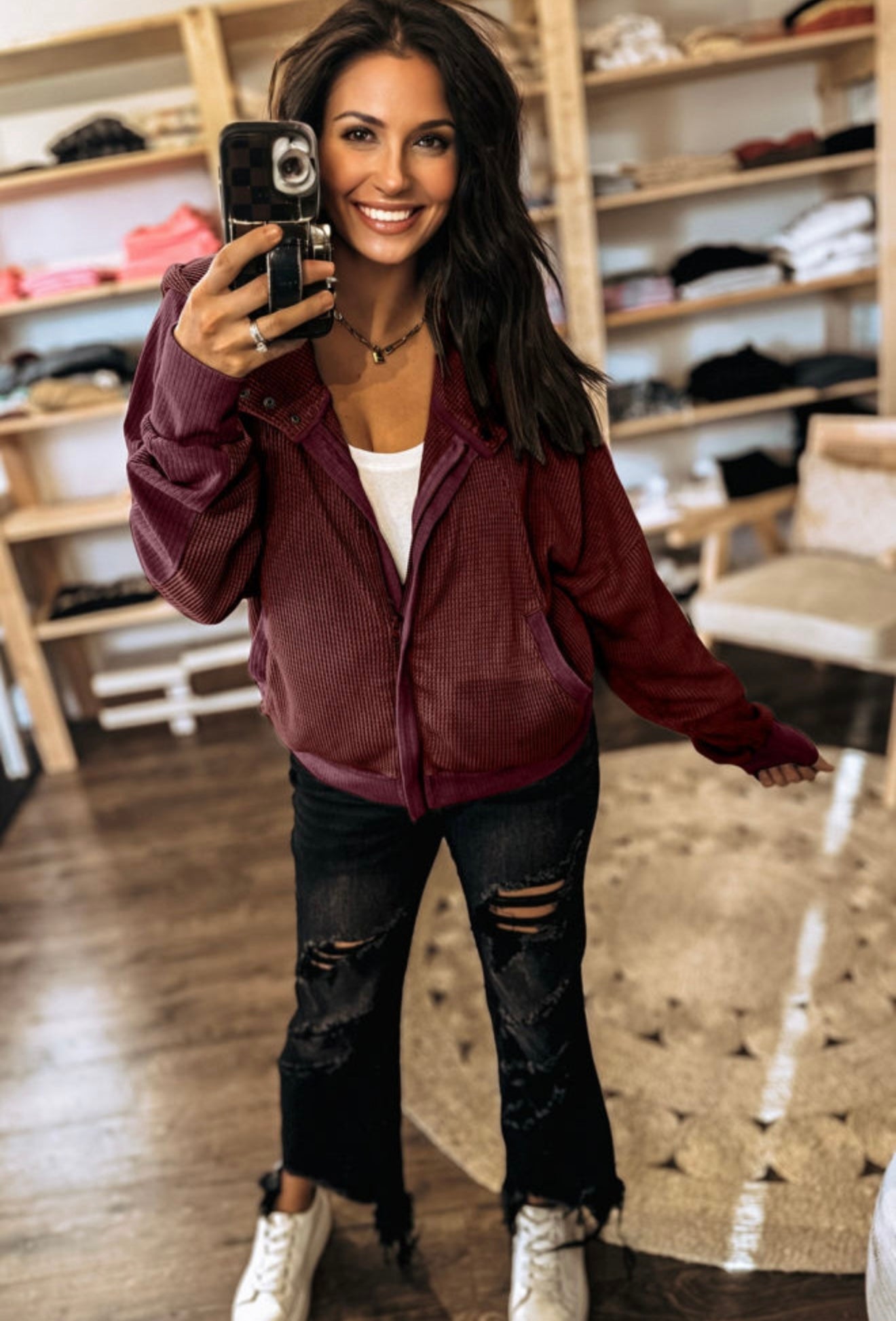 Cozy Button-Zip Waffle Jacket