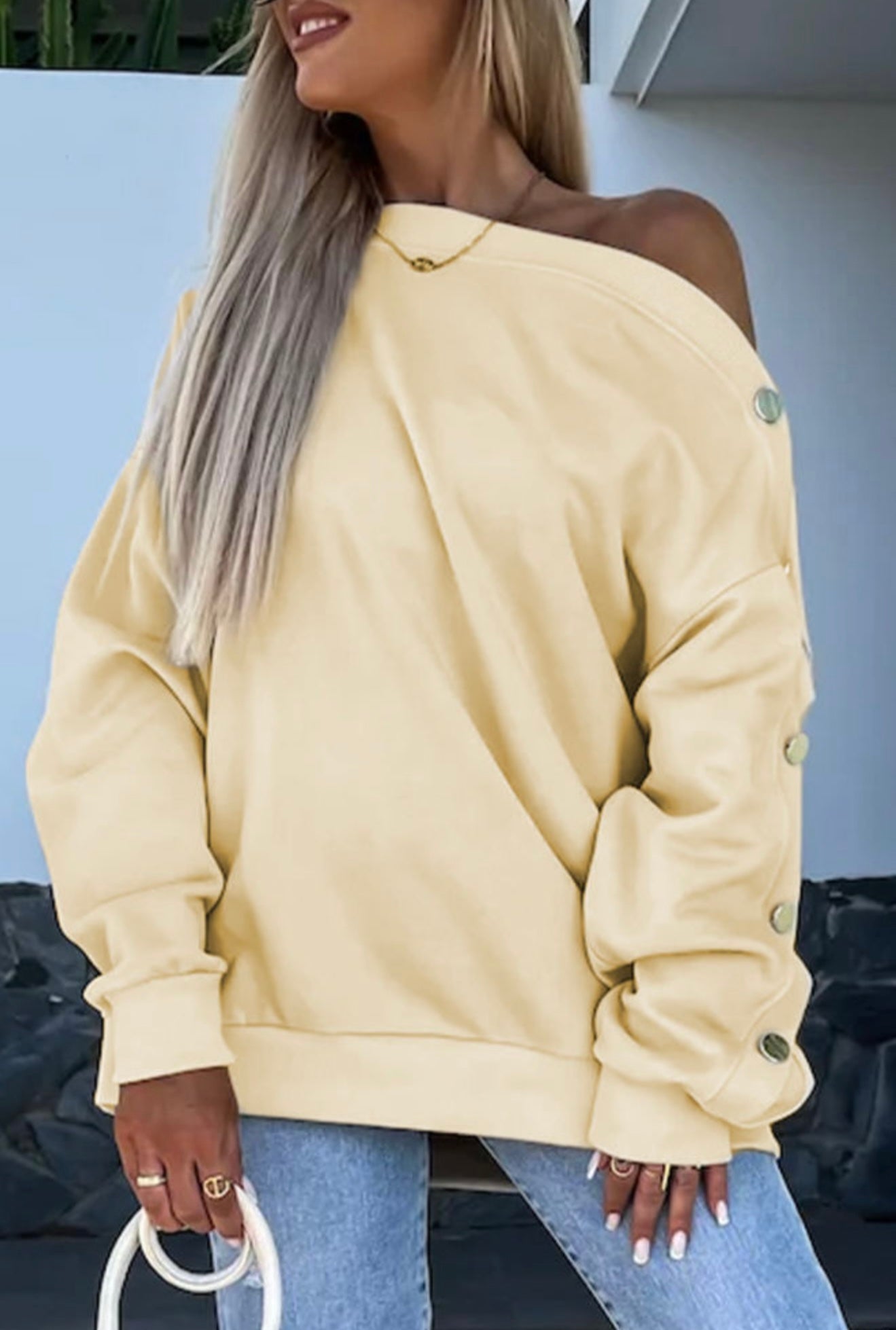 Golden Hour Off-Shoulder Button Sweater