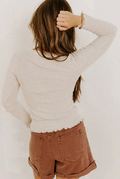 Lace Trim Ribbed Henley Top