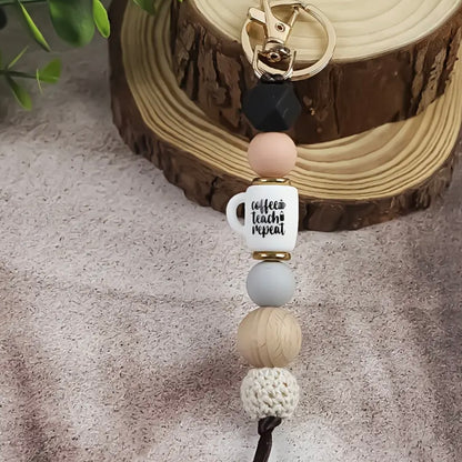 “Coffee. Teach. Repeat.” Beaded Teacher Keychain