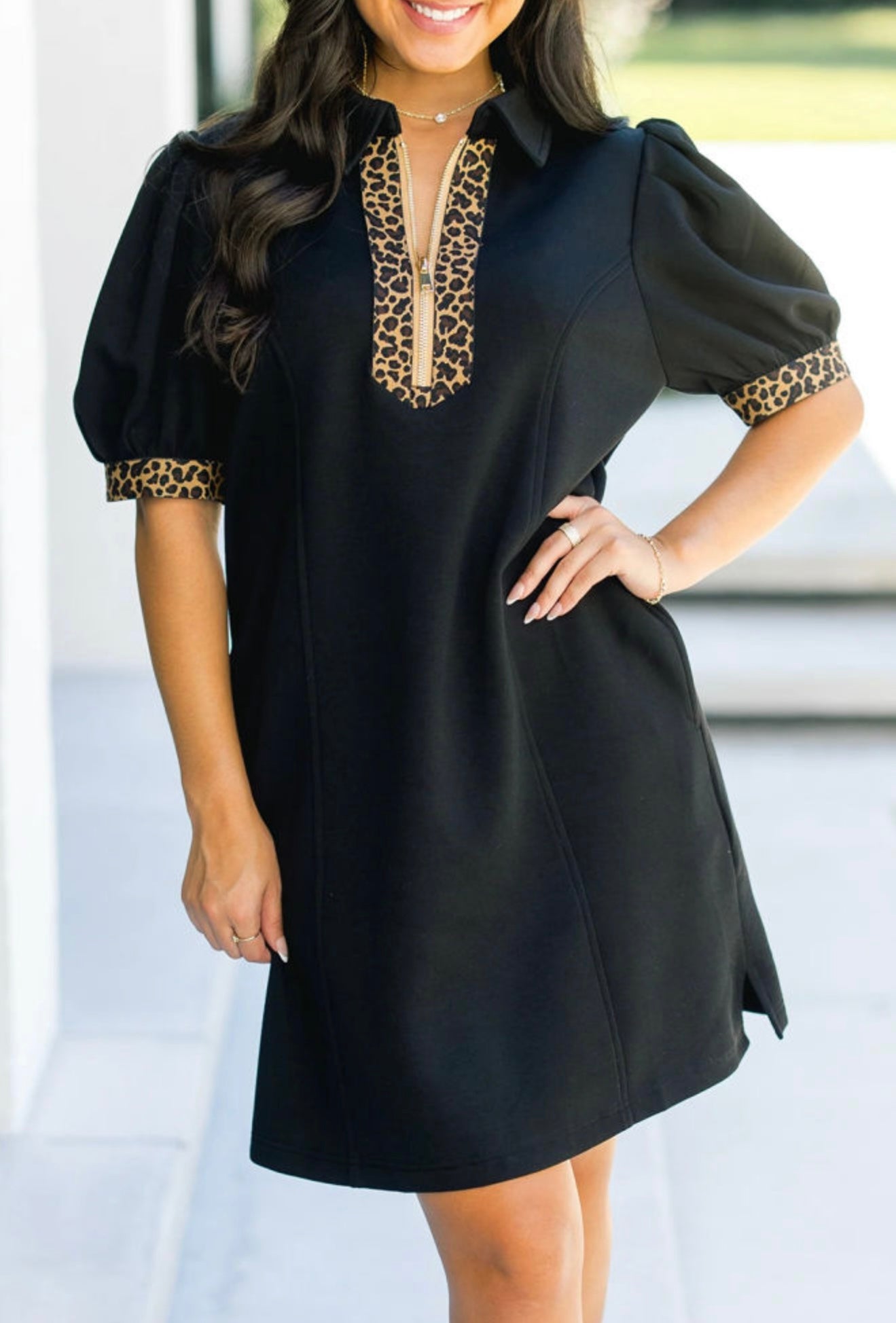 Leopard Trim Zip Dress