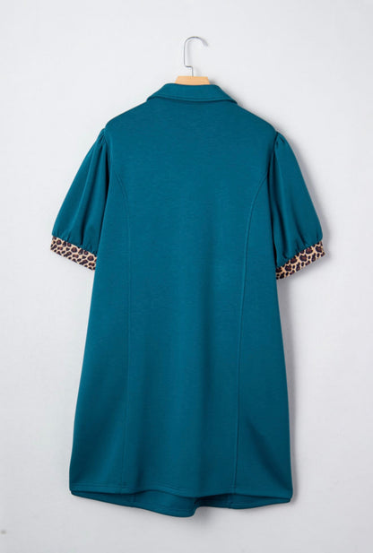 Leopard Trim Zip Dress (Teal)