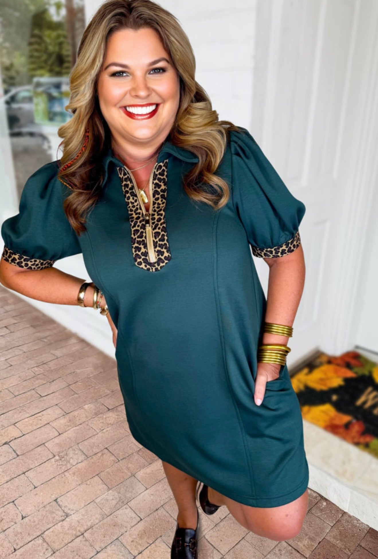 Leopard Trim Zip Dress (Teal)