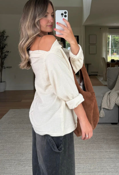 Falling For You Off-Shoulder Waffle Knit Top