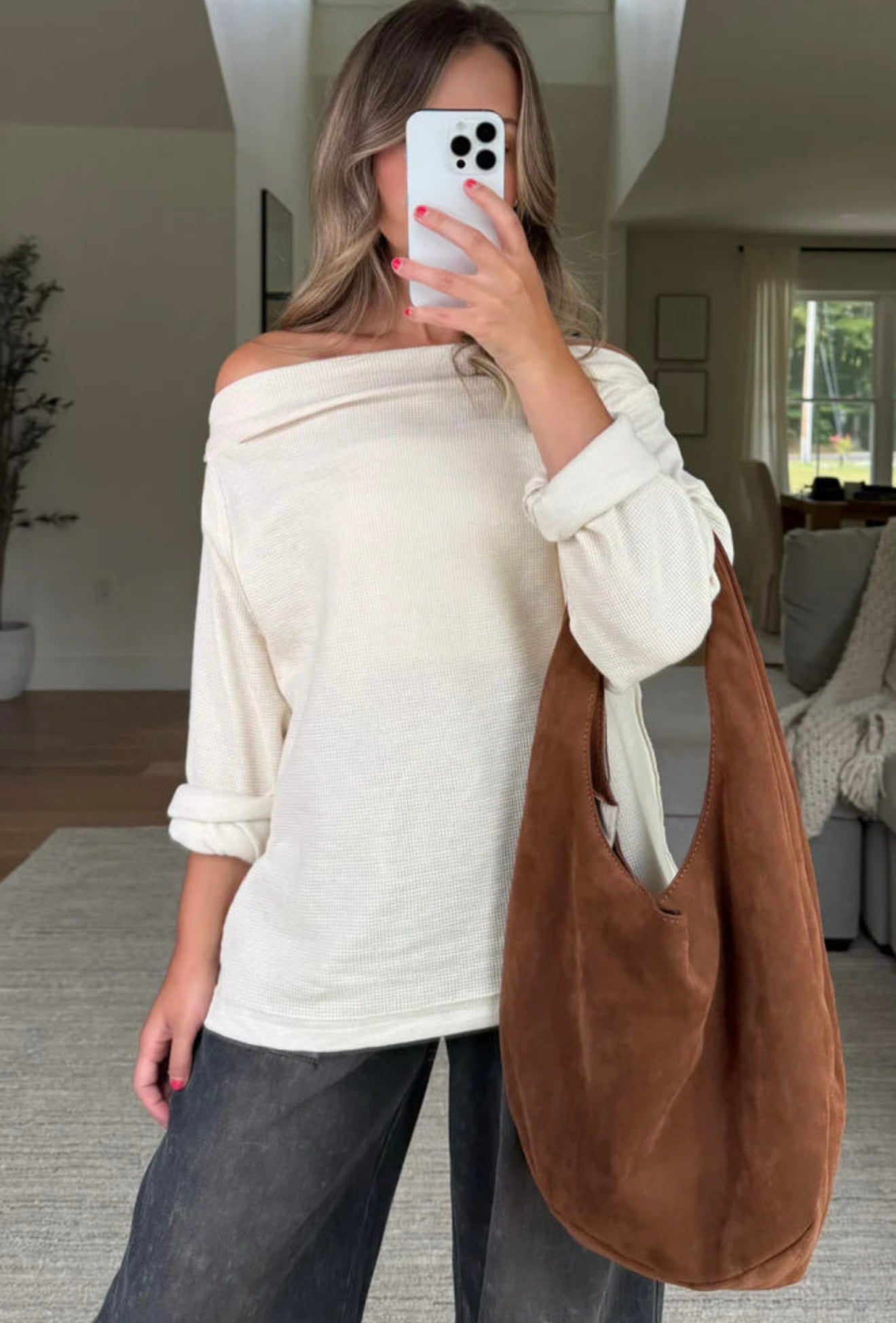 Falling For You Off-Shoulder Waffle Knit Top