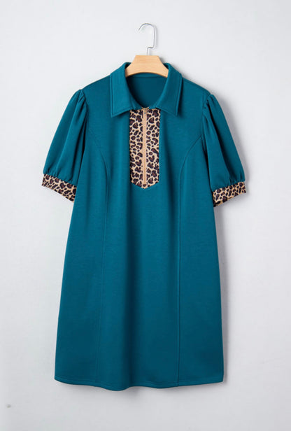 Leopard Trim Zip Dress (Teal)