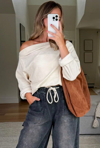 Falling For You Off-Shoulder Waffle Knit Top