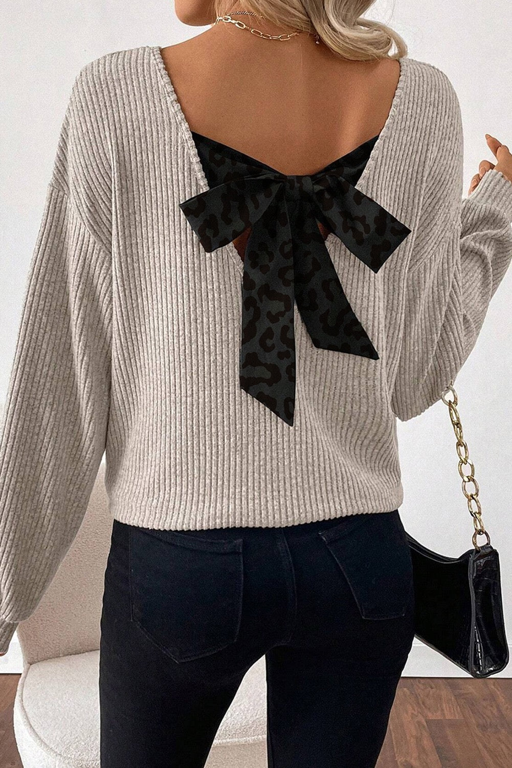 Chic Bow-Back Rib Knit Sweater