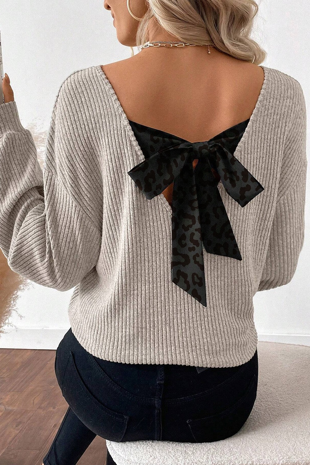 Chic Bow-Back Rib Knit Sweater
