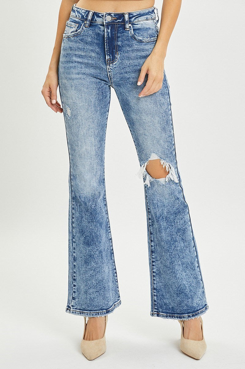 RISEN High-Rise Acid Wash Distressed Flare Jeans