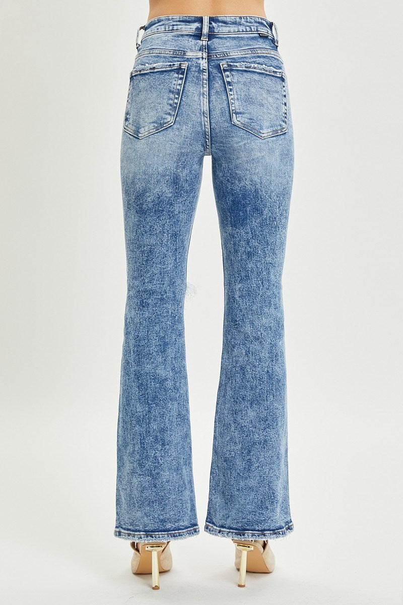 RISEN High-Rise Acid Wash Distressed Flare Jeans